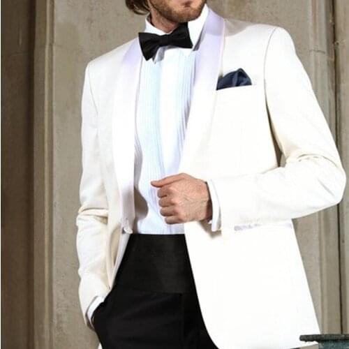 Classic Style Shawl Lapel Ivory Groom Tuxedos Groomsmen Wedding Dinner Prom Suits 2021 Business Men Wear Suit (Jacket+Pants+Tie)
