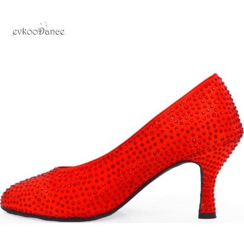 Evkoodance Ladies Rhinestone Ballroom Shoes Fashion Wedding Party Dance Shoes 7cm Satin Red Latin Ballroom Dance Shoes for Women