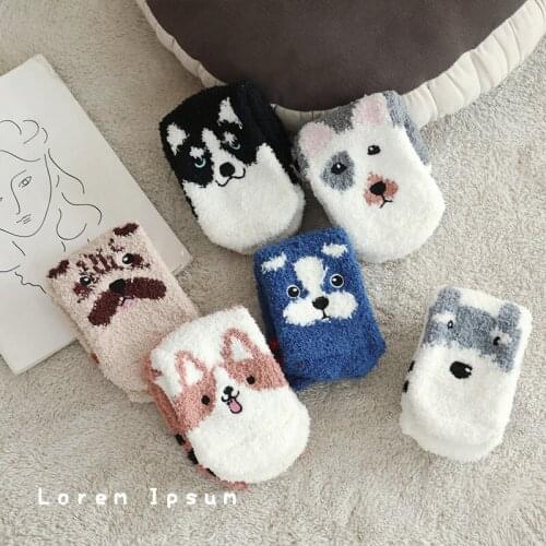 Thicken Thermal Socks Wool Cashmere Snow Winter Warm Cute Dog Print Socks Female Women Daisy Elastic Mid Socks
