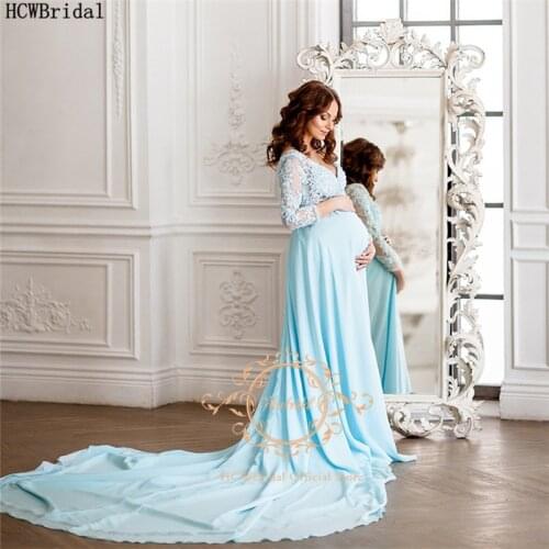 Plus Size Mint Blue Pregnant Women Evening Dress With 3/4 Sleeves Pearls Lace See Through Sexy Prom Gowns Plus Size Long Dresses