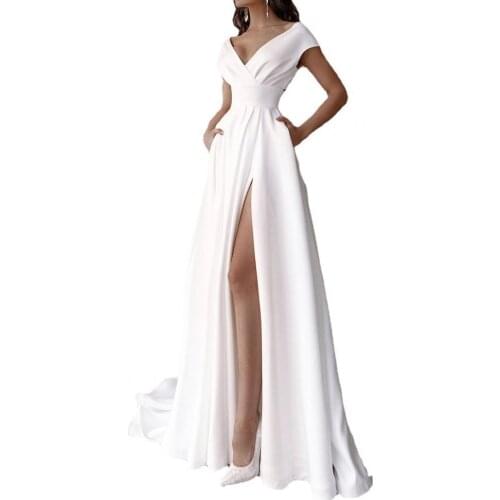 V-neck Party Dress White High Waist Side Split Floor-Length Dress With Pockets for Banquet vocation
