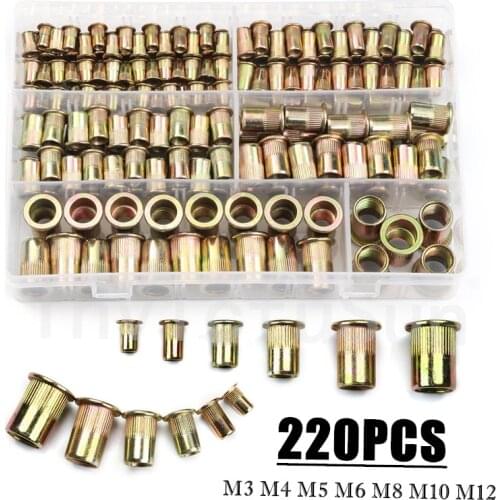 220/165/100pcs Box Carbon Steel Rivet Nuts Carbon Steel M3 M4 M5 M6 M8 M10 M12 Flat Head Rivet Nuts Set Hardware Parts