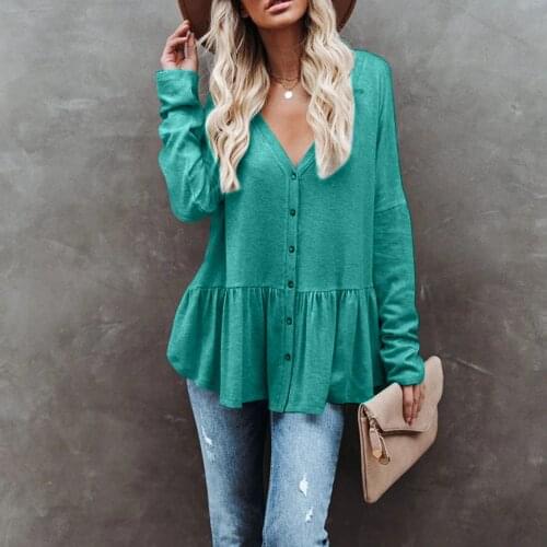 Button Up Blouse Women Pleated Shirt V-neck Long Sleeve Blouse Pure Color Casual Tunic Tops Chemise Femme Women Blouses Camisas