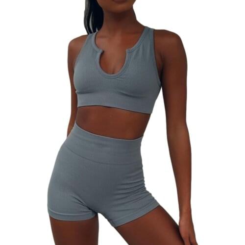 Womens Sportswear 2 Piece Ribbed Tank Top Shorts Seamless Ribbed Tank Top High Waist Shorts Yoga Wear Fitness Sexy Suit Women