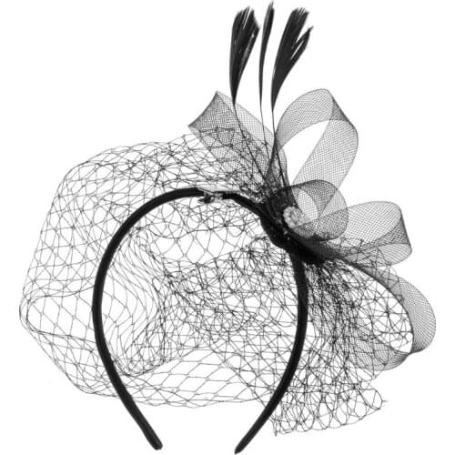 Women Fascinator Party Veil Feather Hairclip Hat Diamond Mesh Net Wedding Bridal Hairband Female Hair Decorative