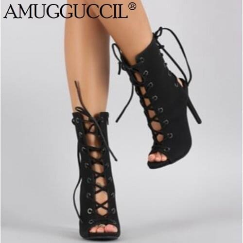 2020 New Plus Big Size 34-47 Black Lace Up Peep Toe Fashion Sexy High Heel Females Lady Sandals Women Summer Boots X1817