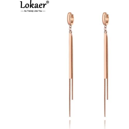 Lokaer Trendy Rose Gold Long Strip & Chain Tassel Earrings For Women Girls Titanium Steel Party Hoop Earrings Jewelry E19228