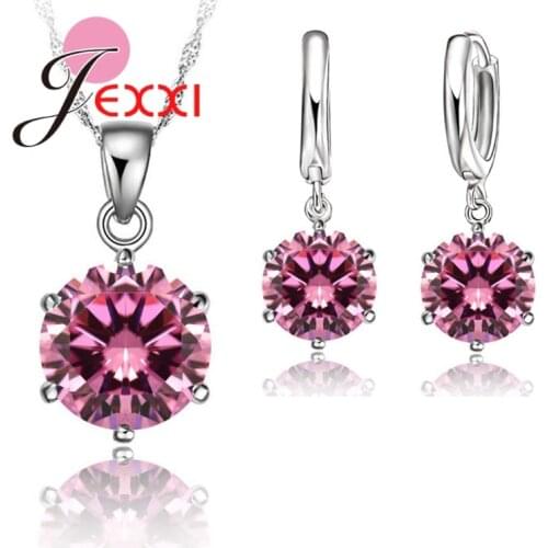 Woman 925 Sterling Silver 8MM Jewelry Sets Cubic Zircon Crystal Lever Back Earrings Pendant Necklace Nice Gifts 8MM Stone