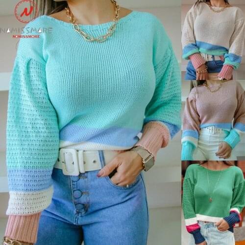 Women Spring Autumn Sweaters Hollow Out Design See Through O-Neck Long Lantern Sleeve Color Matching Casual Loose Knitted Top