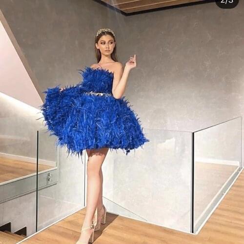 Royal blue prom dresses 2020 strapless neckline feather belt evening dresses short cocktail dress mini homecoming dress