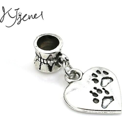 5pcs/lot Tibetan Silver Plated Dog Foot Heart Charm Beads fit European Charms Bracelet Jewelry Diy Jewelry Findings Handmade