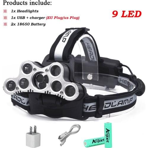 Anjoet super bright headlamp 7-9 CREE XML T6 LED headlight usb rechargeable head lamp 18650 high power led torch head flashlight
