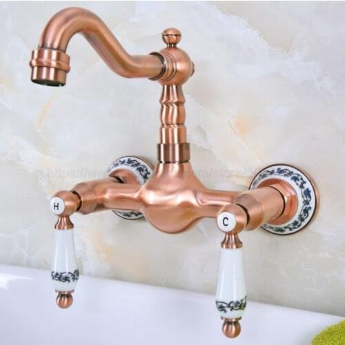 Antique Red Copper Bathroom Sink Faucet Kitchen Faucet Wall Mounted Swivel Spout Vessel Sink Faucet znf955