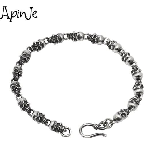 Apinje 925 Sterling Silver Skull Bracelet Men And Women Couples Punk Hip Hop Jewelry Gifts