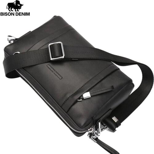 BISON DENIM 100% Genuine Leather Guarantee Crossbody Bag Black Messenger Bag Mens Clutch bag Zipper Wallet N8016