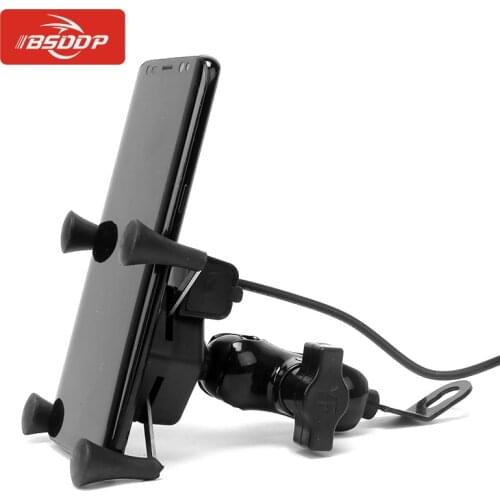 BSDDP Motorcycle Bicycle Plastic Alloy Mobile Phone Navigation Holder with USB Charger Bike Rearview Mirror Mount Clip Bracket