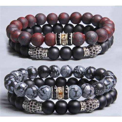 2pcs set Men natural red bloodstone white and black Alabaster stone beads bracelet jewelry men zircon charm bracelets wholesale