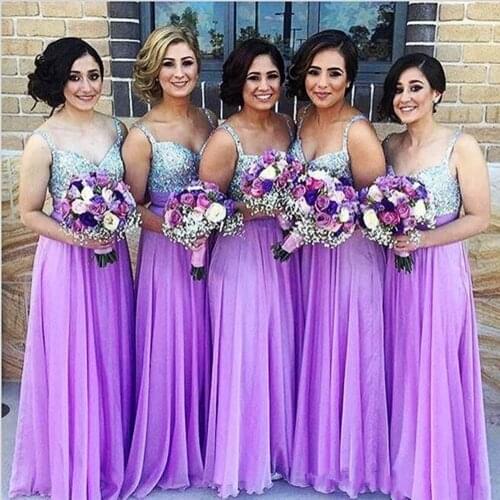Purple Bridesmaid Dress A Line Spaghetti Strap Beaded Sequined Chiffon Wedding Guest Dress Long Pleats Zipper Cheap Party Gowns