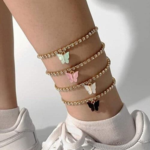 Summer Ins Fashion Butterfly Anklets Rhinestone Decor Leg Chain Beach Accessories Bracelet Chain Foot Anklet For Women Jewelry