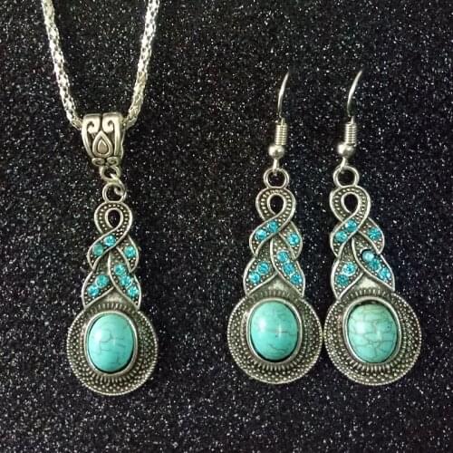 Fashion Jewellery Hot Sale Ethnic Stone Jewelry Sets Tibetan Silver Necklace Earrings For Women