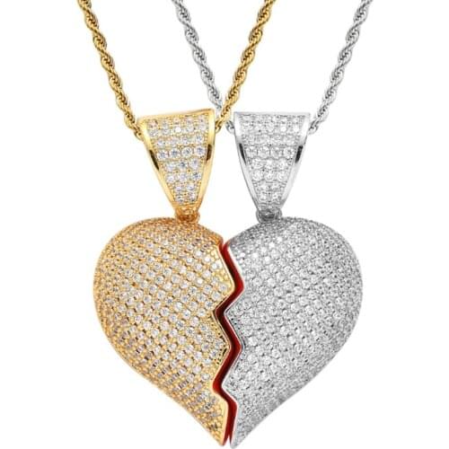 New AAA Cubic Zircon Broken Heart Pendant Men Women Necklace Rock Chain Link Luxury Couple Jewelry