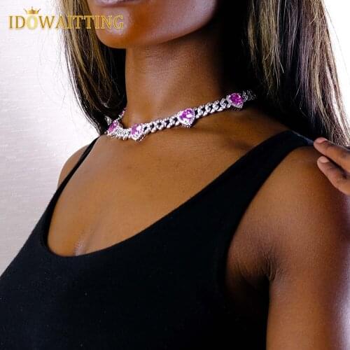 Hiphop Iced Out Bling Pink Heart Cubic Zirconia 11mm Miami Cuban Link Chain Necklace Heart CZ Charm Choker Jewelry For Women