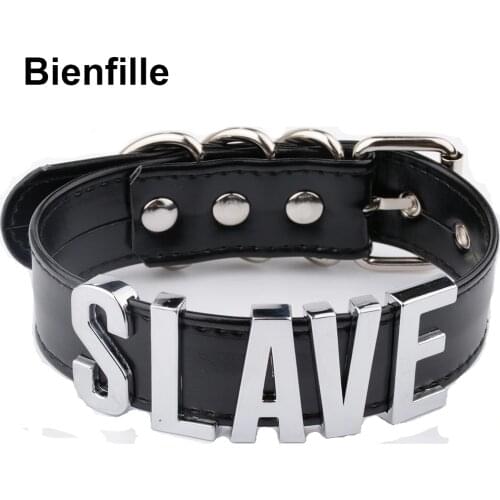 Fashion Gold Men Necklace Women Girl Slave Name Word Collar Buckle Necklace Black PU Leather Kawaii Jewelry