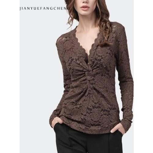 Sexy Skinny Brown Lace Tops Fashion Irregular Tangle Up Knitting Long Sleeve V-Neck Female Autumn Winter Bottoming Blouses