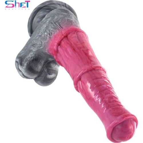 SHET Liquid Silicone Dildo Gory Raw Meat Color Horse Penis Anus Massage Sex Toys for Women Super Sucker Anal Plug Sex Shop