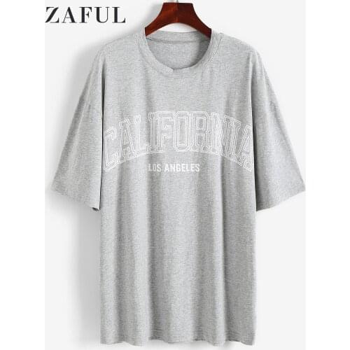 ZAFUL Letter Print Graphic Drop Shoulder Women Tunic Tee Casual Boyfriend Loose T-Shirts Summer Gilrs Shirts Dress Streerwear