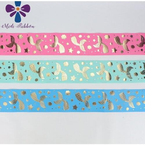 3 "75mm Gold Fishtail Printing Pink / Blue / Green Holographic Ribbon DIY Accessories Material 50 Yards / Roll