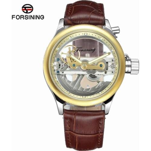 2017 Forsining Luxury Design Transparent Case Brown Leather Strap Mens Watches Top Brand Luxury Automatic Skeleton Wrist Watches