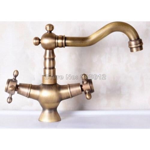 Antique Brass Swivel Spout Vessel Sink Faucet Dual Handles Basin Sink Mixer Taps Deck Mounted Single HoleWnf248