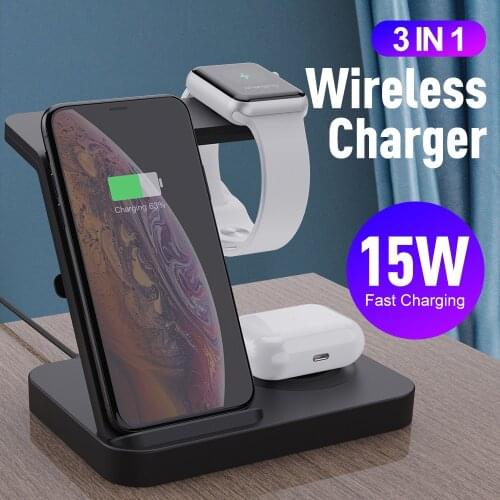 3 in 1 Qi Wireless Charger for apple iphone airpods iwatch 15W dock cradle stand quick charging