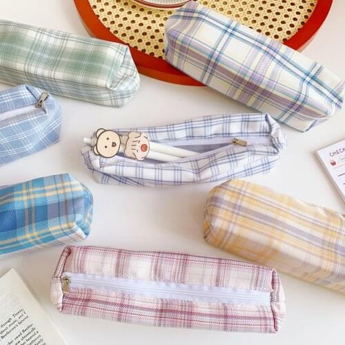 Kawaii Funny Cartoon Plaid Pattern Pencil Case Large Capacity Pencil Bag Students School Supplies Korean Style Stationery