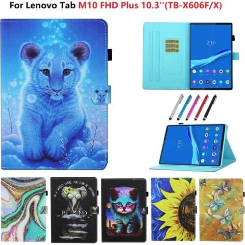 For Lenovo TAB M10 Plus 10.3 Case TB-X606F 2020 TB-X606 X606 X606F M10Plus Tablet Case Painted Tiger Cat Leather Cover For Kids