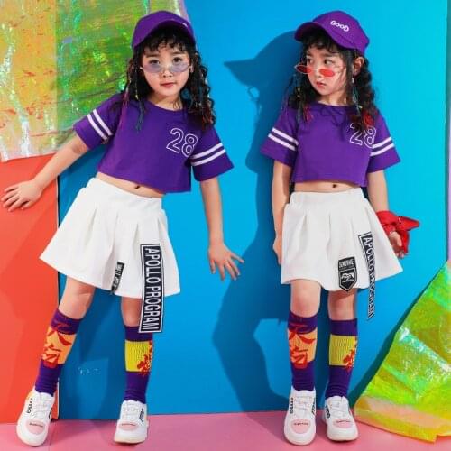 Kids Jazz Hip Hop White Skirt Dancing Costumes Clothing for Girls Purple Performance T Shirt Crop Tops Ballroom Dance Clothes