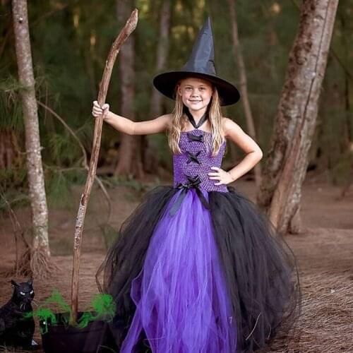 Hot Girls Queen Witch Tutu Dress Kids Crochet Tulle Long Dress Ball Gown with Hairbow Children Cosplay Costume Dress Party Cloth