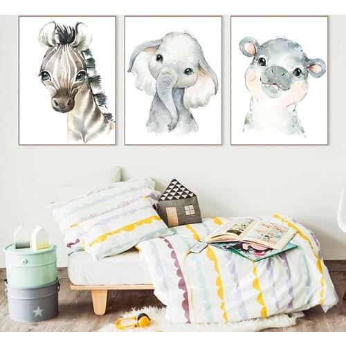 Watercolor Animal Print Canvas Painting Elephant Tiger Cute Cartoon Posters Kindergarten Children Room Wall Decoration Pictures