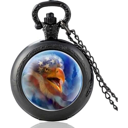 Classic American Flag Eagle Pattern Black Vintage Quartz Pocket Watch Men Women Glass Dome Pendant Necklace Hours Clock Gifts