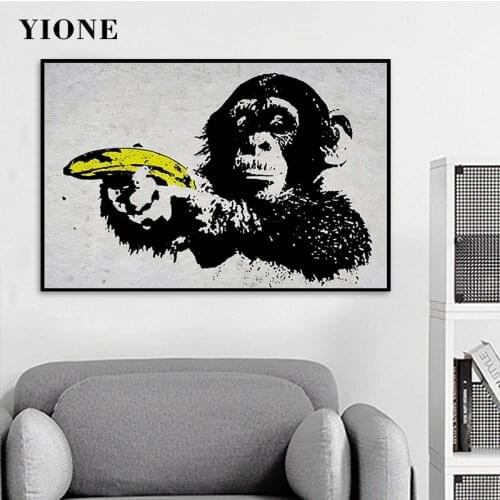 Creative Chimpanzee with Banana Canvas Poster Modern Abstract Black and White Animal Wall Art Painting Picture Prints Decoration