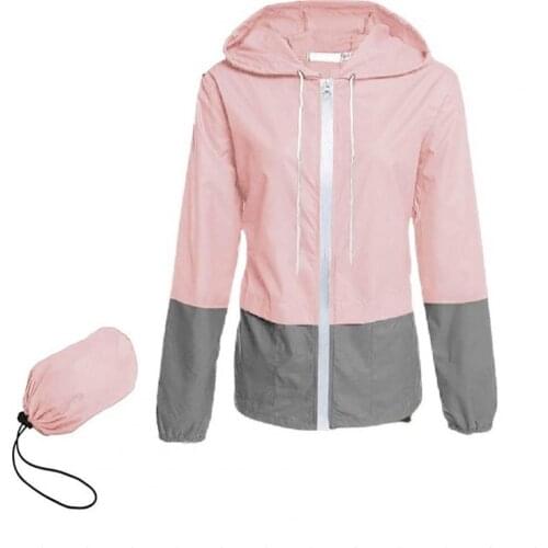 Hooded Jacket Solid Color Drawstring Women Long Sleeve Zipper Pockets Raincoat Color Matching Long Sleeve Hoodie for Hiking