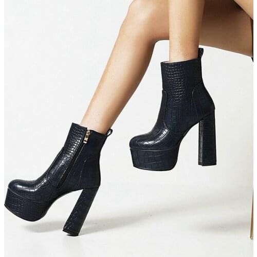 Fashion Platform Ankle Boots Super High Heel Women Boots Print Pu Leather Punk Style Zipper Woman Boots Autumn Winter Shoes