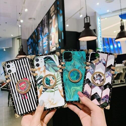 Fashion Rivet Square Lip Marble Leaf Design Bling Diamond Ring Holder Case Cover For iPhone 11 Pro Max X XR XS MAX 8 7 6 6S Plus