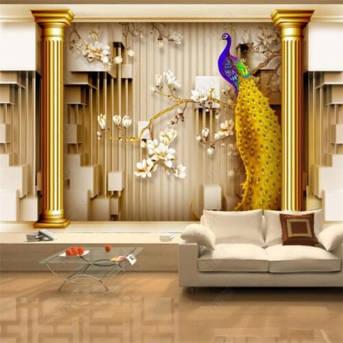 Custom Size Palace Roman Column Gold Peacock 3D Wall Paper Home Decor Mural Bedroom Decor Self-adhesive Wallpaper Papel Tapiz