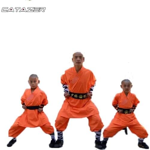 Orange Durable Shaolin Monk Kung Fu Uniform Martial Arts Suit Full Size for Kids Adults