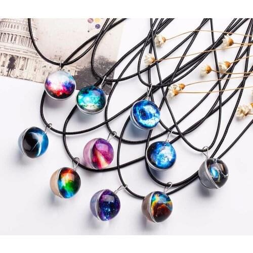 Nebula Space Universe Galaxy Necklace Stars Glass Ball Pendant Crystal Collares Planet Pattern Leather Chain Necklace For unisex