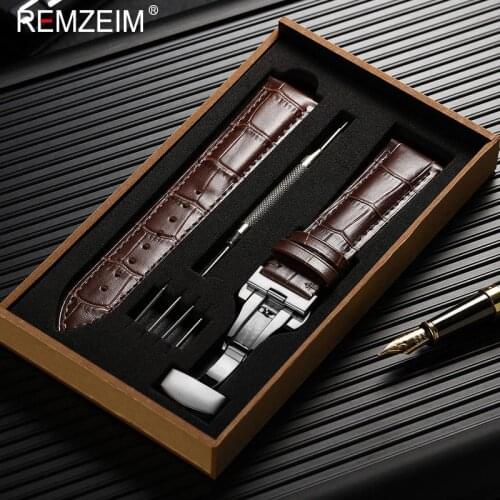 REMZEIM Hot Genuine Leather Watch Band 16 17 18 19 20 21 22 23 24mm Calf Leather Watch Band Watch Accessories With Box