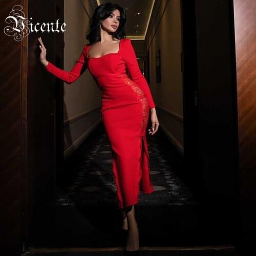 VC All Free Shipping Trendy Red Lace Splicing Design Square Collar Long Sleeves Celebrity Party Bandage Midi Dress