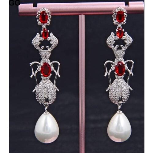GuaiGuai Jewelry Teardrop White Sea Shell Pearl red Cz Pave Insect Stud Earrings